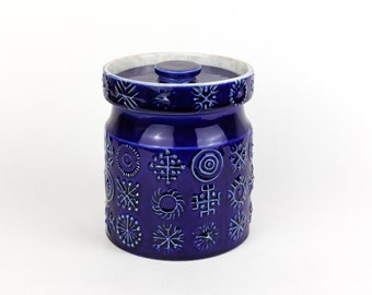 Medium Size Vintage Blue Glazed Portmeirion Totem Kitchen Jar with Lid Retro Design, Mid Century Ceramic Kitchen Storage, Stoke Pottery 11cm