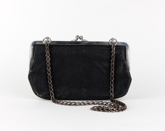 Vintage Small Black Leather Purse, Silver Metal Frame, Chain Handle, 30s 40s Bag, Built in Centre Compartment