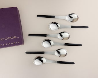 Set of 6 Vintage BSF Teaspoons Stainless Steel 18/8, Boxed “Concorde” Modern Design, Black Handles, Mid Century Cutlery