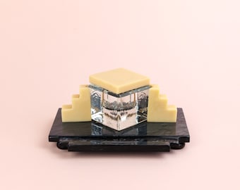 Vintage Early Plastic Inkwell, Art Deco Style Grey Pearlescent Marbled Plastic with Geometric Accents, Early 20th Century