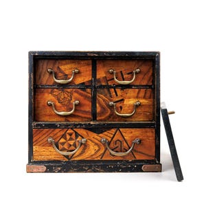 Small Antique Japanese Early 20th Century Wooden Inlaid Marquetry Tabletop Drawers, Storage Chest, with Lacquered Drawers