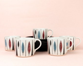 5x Mid Century Rorstrand Swedish Ceramic Tango Coffee Cups and Black Glazed Saucers, Marianne Westman, 1950s Scandinavian Porcelain