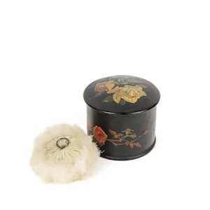 Vintage Art Deco Black Floral Painted Papier Mache Powder Puff Box, Swansdown Feather Puff, Antique Vanity 20s, 30s
