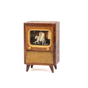 Vintage Dollhouse Toy Wooden Retro TV, Miniature Doll Furniture Accessory, German Toy, Mini Television, 50s