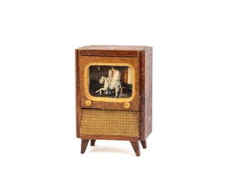Vintage Dollhouse Toy Wooden Retro TV, Miniature Doll Furniture Accessory, German Toy, Mini Television, 50s