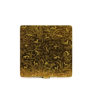 Vintage Square Goldtone Metal Compact, 1950s Fashion, Printed Animal Design, Possibly Vogue Vanities