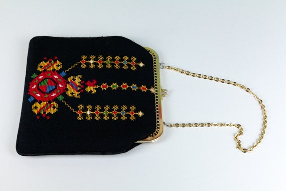 Vintage Black Embroidered Needlework Cloth Bag Me… - image 7