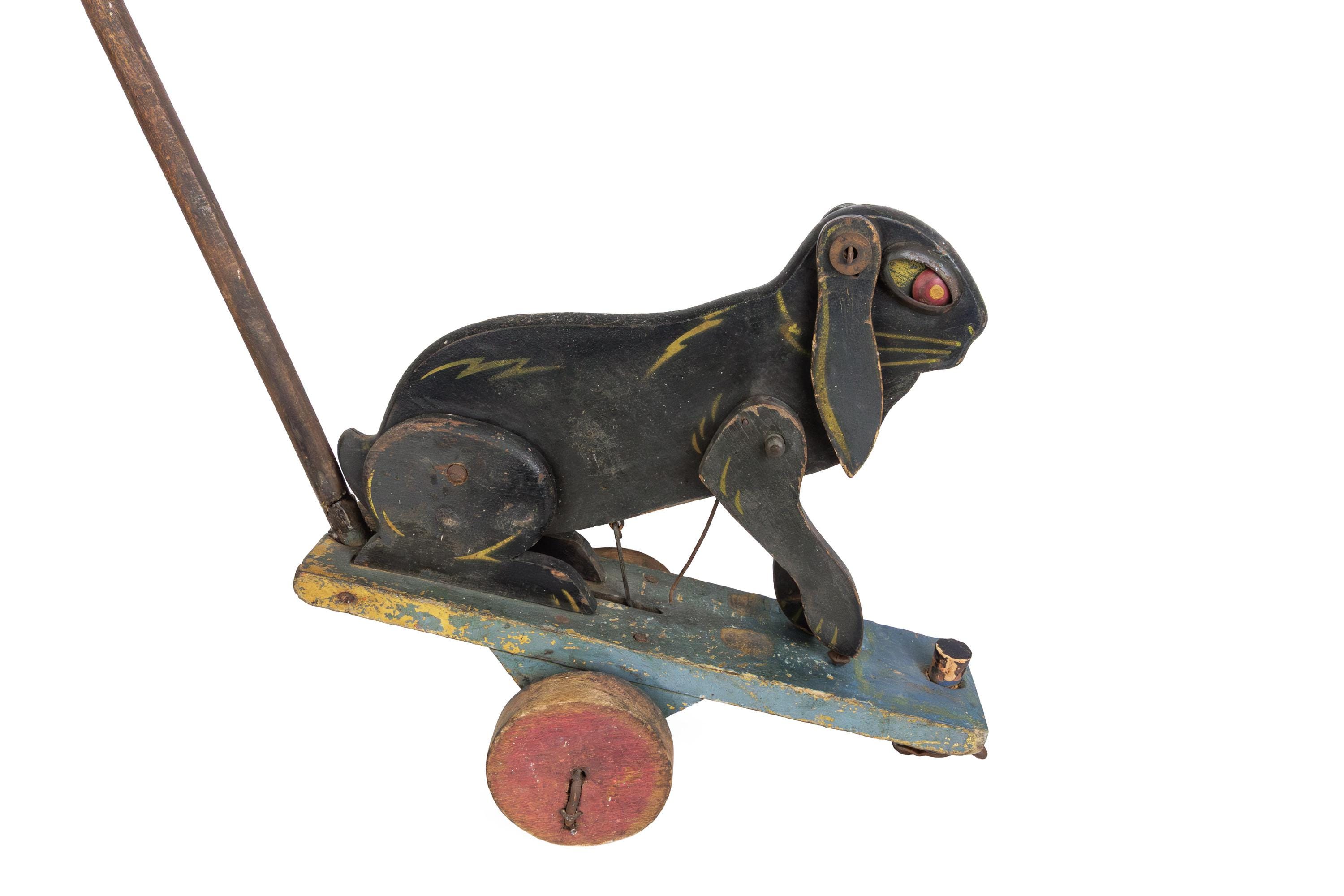 Vintage Child Riding Rabbit Antique Painted Wooden Toy Rabbit on Wheels Vintage French Push Along ...