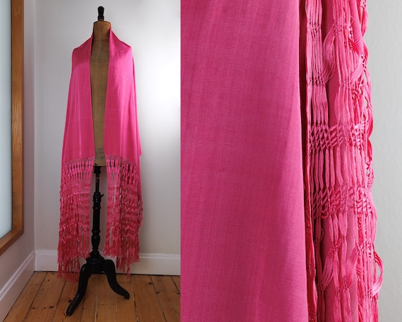 Antique Silk Fringed Shawl Scarf Early 20th Centu… - image 1