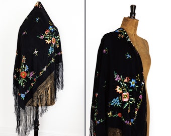 Vintage Black Piano Shawl Embroidered Polychrome Flowers, Mid Century Fringed Textile Wrap