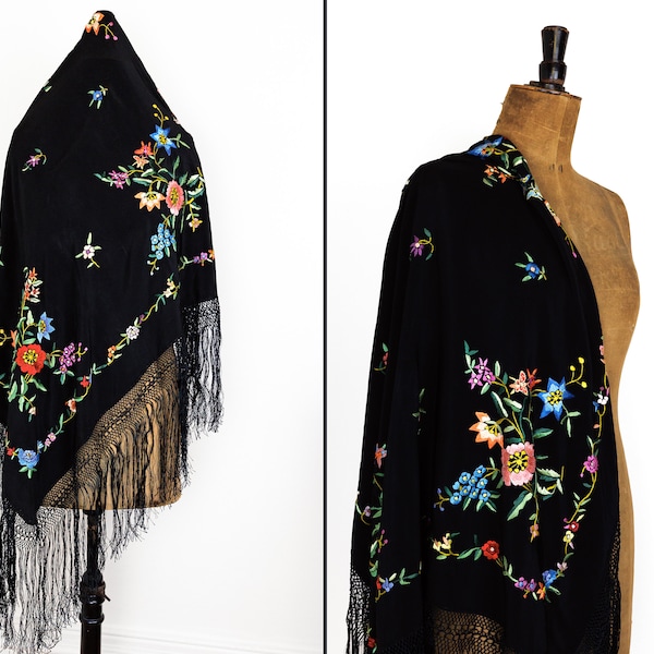 Vintage Black Piano Shawl Embroidered Polychrome Flowers, Mid Century Fringed Textile Wrap