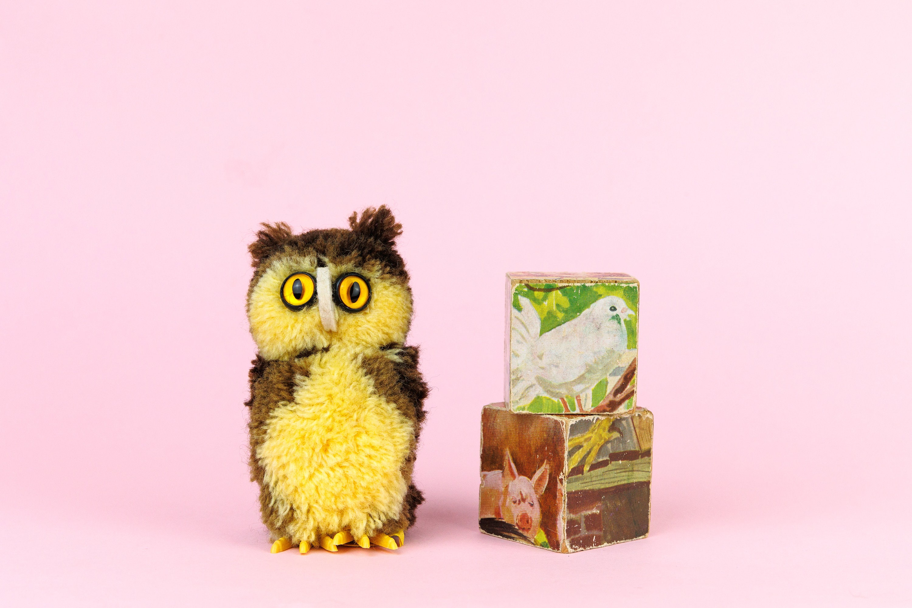 Vintage Steiff Brown and Yellow Pom Pom Owl, Mid Century German Toy, with Button and Flag, 9cm