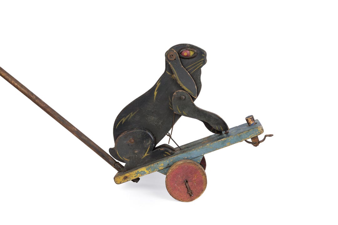 Rare Rabbit Wheels Antique Painted Wooden Toy Rabbit on Wheels Vintage French Push Along ...