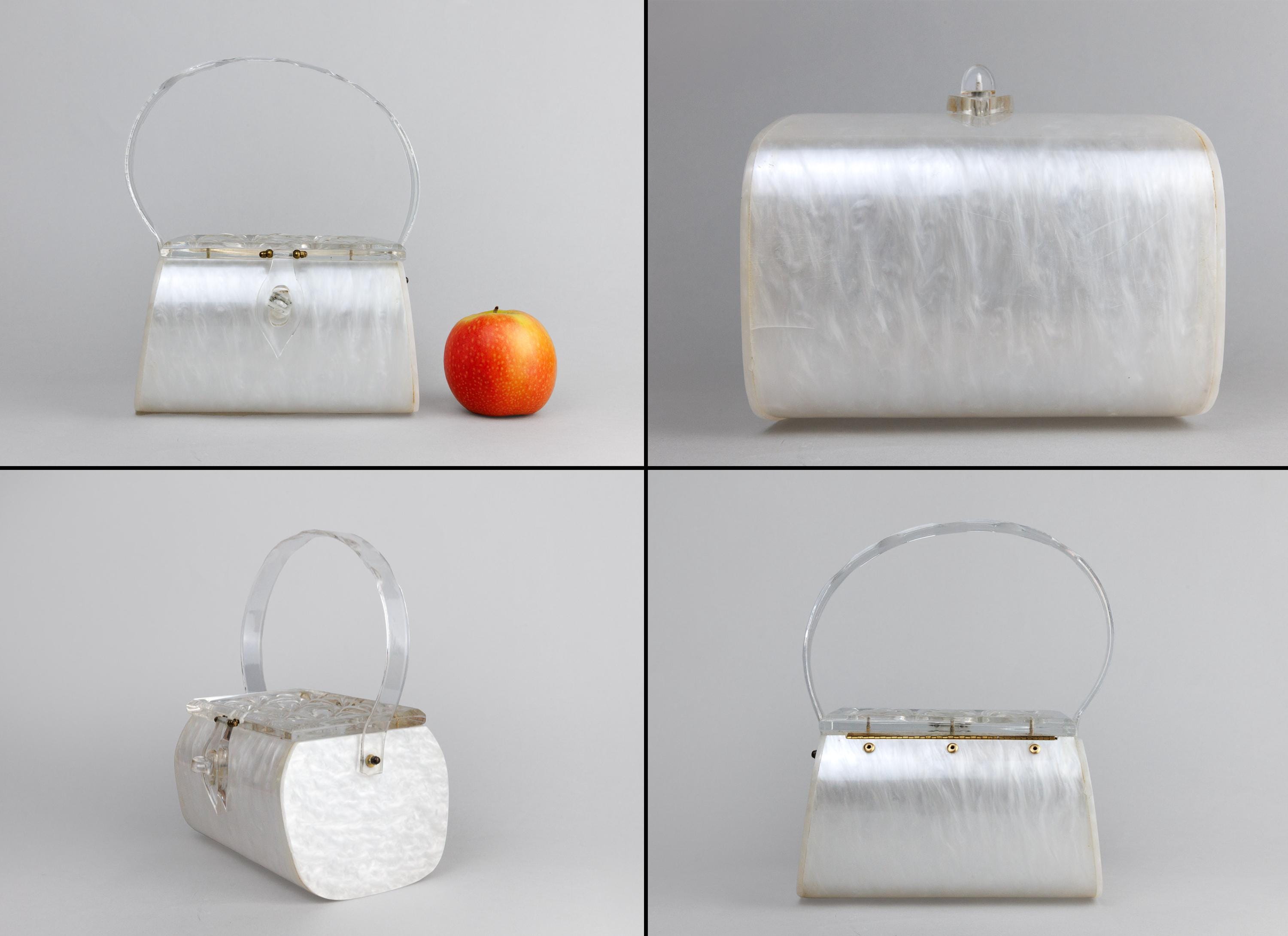 Vintage White Pearlised Lucite Bag With Brass Accents and Clear 