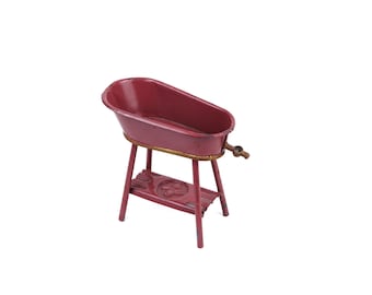 Miniature Antique Metal Dollhouse Bath, Brown Red with Metallic Accents, Doll Bathtub on Legs