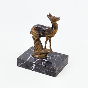 Vintage French Art Deco Spelter Metal Deer on a Marble Stone Base, 30s, Signed TEDD