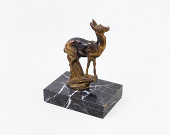 Vintage French Art Deco Spelter Metal Deer on a Marble Stone Base, 30s, Signed TEDD