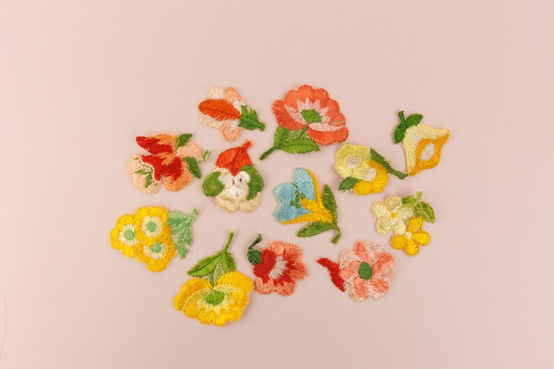 Collection of 12 Vintage Embroidered Flower Appliques in Peach Pink and Yellow, Silk Floral image 1