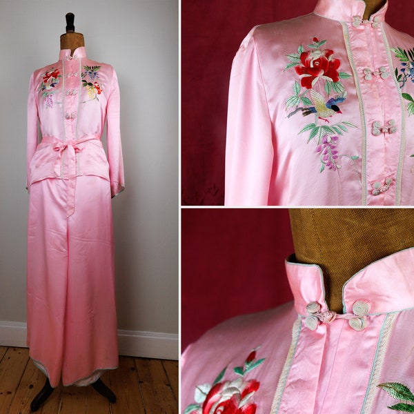 Vintage Mid Century Japanese Silk Satin Pink Pyjamas Embroidered Polychrome Flowers and Birds, Saito Yokohama Japan PJs