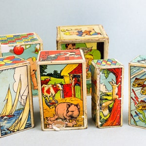 Vintage Chad Valley Colourful Lithograph Vintage Cardboard Toy Picture Blocks, Stackable Nesting Blocks, Mid Century