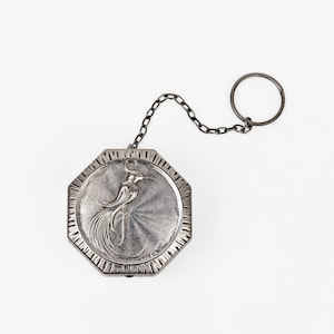 Vintage Art Deco Sheffield Silver Plated Metal Jonteel Bird of Paradise Powder Finger Ring Compact, 20s 30s