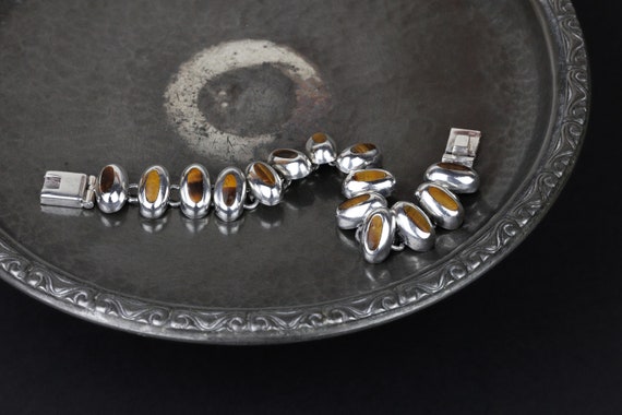 Vintage Heavy Silver Mexican Tigers Eye Bracelet, Stamped