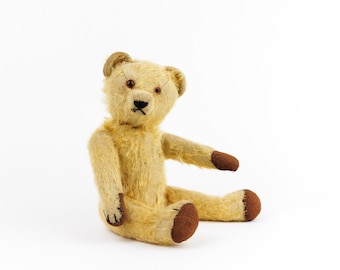 Small Vintage German 1930s Teddy Bear, Threadbare Blonde Mohair, Orange & Black Glass Eyes, Jointed, Swivel Head, Toy Bear with Dress
