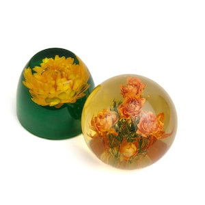 2x Vintage Resin Lucite Paperweights, Yellow and Green Resin with Yellow and Pink Dried Flowers