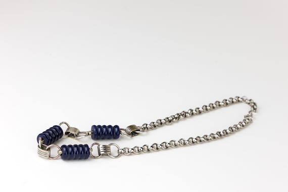 Vintage Art Deco Machine Age Necklace 1930s Jakob Bengel Style, Early Plastic Bakelite Dark Blue Cylinder Beads, Decorative Silver Metal View 2