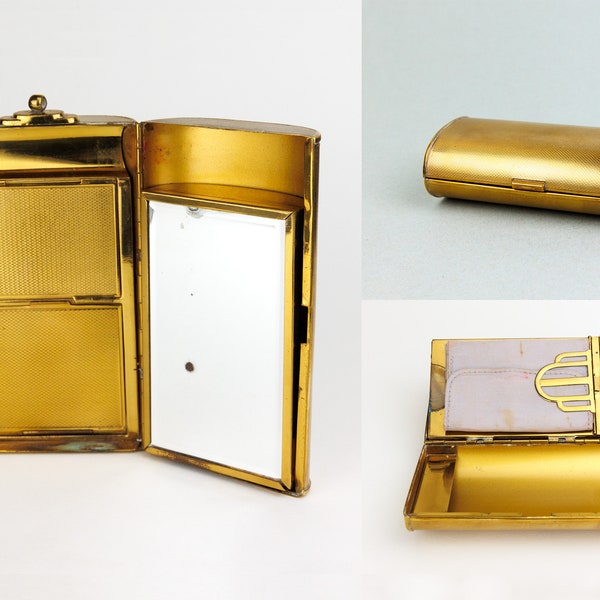 Vintage Art Deco Goldtone Metal Cylinder Demi Carry All Dance Case, Minaudière, Clutch Purse 30s 50s