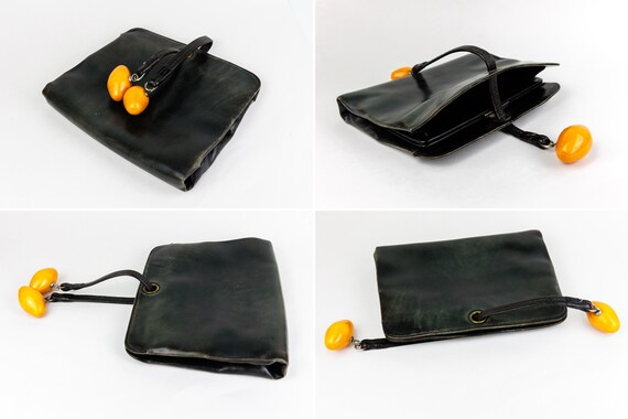 Vintage Dark Brown Leather Clutch Bag with Orange… - image 4