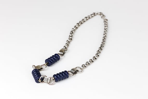 Vintage Art Deco Machine Age Necklace 1930s Jakob Bengel Style, Early Plastic Bakelite Dark Blue Cylinder Beads, Decorative Silver Metal