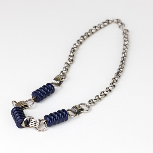 Vintage Art Deco Machine Age Necklace 1930s Jakob Bengel Style, Early Plastic Bakelite Dark Blue Cylinder Beads, Decorative Silver Metal