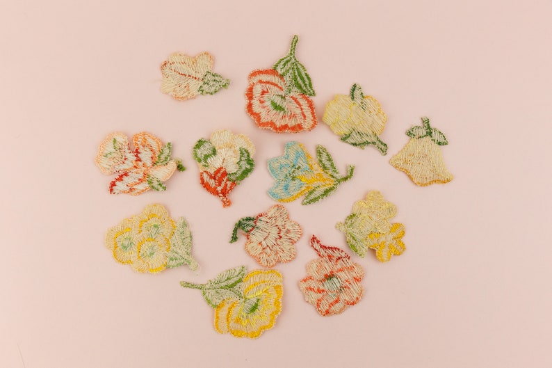 Collection of 12 Vintage Embroidered Flower Appliques in Peach Pink and Yellow, Silk Floral image 6