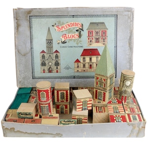 Antique Architectural Building Blocks Colour Printed Images on Wooden Blocks Original Box E. Chevalier Splendides Blocs Cubes Constructions