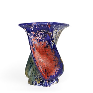 Antique Heavy Early 20th Century Vase in Twisted Column Form with Lipped Rim, Blue Red, Yellow, White, Vintage Studio Pottery 23cm