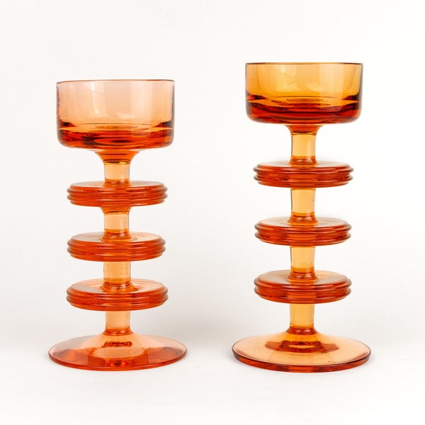 Vintage Wedgwood Sheringham Topaz Orange Glass Candle Stick, Three Disk Candle Holder, Ronald Stennett-Willson, Sold Individually