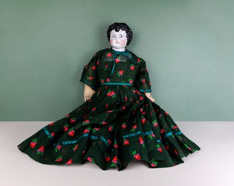 Antique Black Haired German Porcelain China Shoulder Head Doll, Cloth Body, and Limbs, Victorian Painted Ceramic, Green Vintage Dress