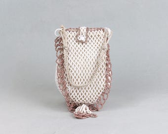 Vintage White and Rose Gold Pink Seed Bead Bag, Purse, Art Deco Design Evening Bag, 20s, 30s