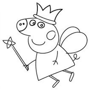 May include: A cartoon pig wearing a crown and fairy wings, holding a wand with a star on the end. The pig is smiling and has a pink nose and cheeks.