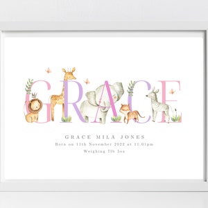 Personalised Safari Print, Personalised Name Print, Safari, Jungle, Elephant, Giraffe, Zebra, Animal new baby Name Print