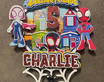 Spidey and Friends Cake Topper: Glitter Birthday Party Decor