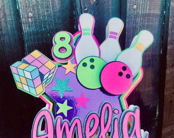 Retro neon bowling cake topper