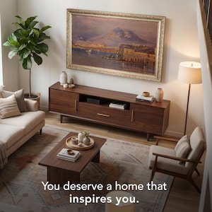 Puede incluir: Un salón con una estética moderna de mediados de siglo. Incluye una consola multimedia de madera marrón, un sofá beige, una alfombra estampada y una pintura de paisaje enmarcada. El texto "You deserve a home that inspires you." está en la parte inferior.