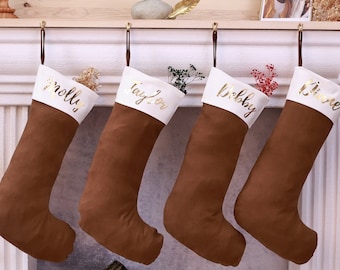 Custom Farmhouse Christmas Stocking - Handmade Name Christmas Stocking - Family Name Stockings -  Personalized Brownish Christmas Stockings