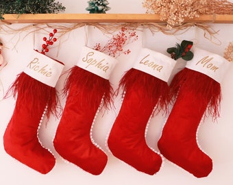 Custom Velvet Christmas Stocking with Feathers - Custom Name Holiday Decor - Perfect Xmas Gift - Personalized Christmas Stockings Decoration