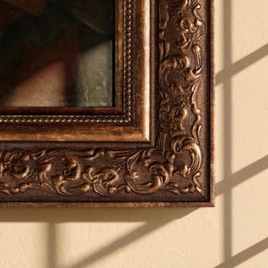 Può includere: Primo piano di una cornice decorativa e ornata. La cornice è di colore marrone scuro con accenti dorati e intagli intricati. La cornice è rettangolare e sembra essere in legno.