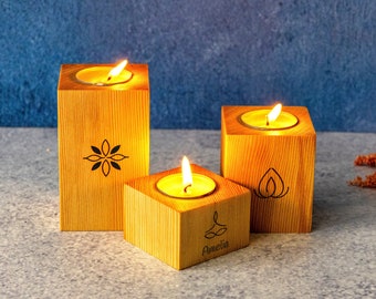 Wooden Meditation Candle Holder Set of 3 for Home Decor - Table Centerpieces - Gift for Her - Wood Candlestick Holders - Birthday Gift Ideas