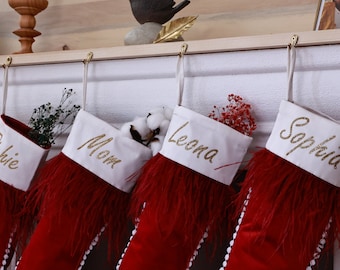 Personalised Name Christmas Stocking with Feathers - Custom Family Holiday Decor - Xmas Gift - Personalized Christmas Stockings Decoration