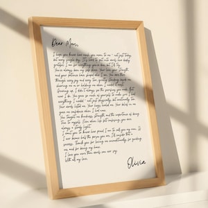 Impresión de carta manuscrita personalizada enmarcada sobre lino: regalo con mensaje personalizado para mamá, esposa, día de la madre, regalo de hija o cumpleaños de mamá.